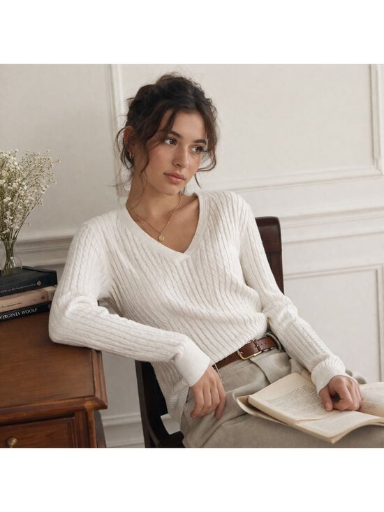 Talbots Sweaters - Talbots Cable Knit Sweater L Pima Cotton Light Academia Fisherman Preppy